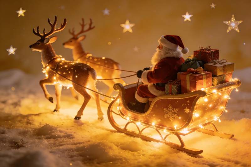 圣诞老人雪橇与驯鹿夜景图片