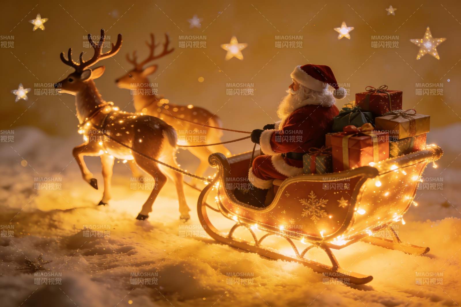 圣诞老人雪橇与驯鹿夜景图片