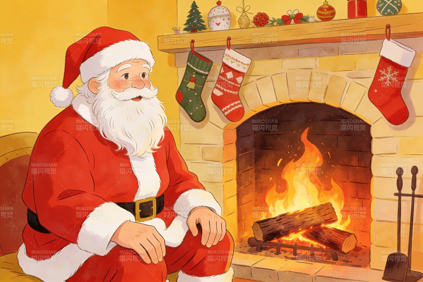 圣诞老人围炉而坐图片