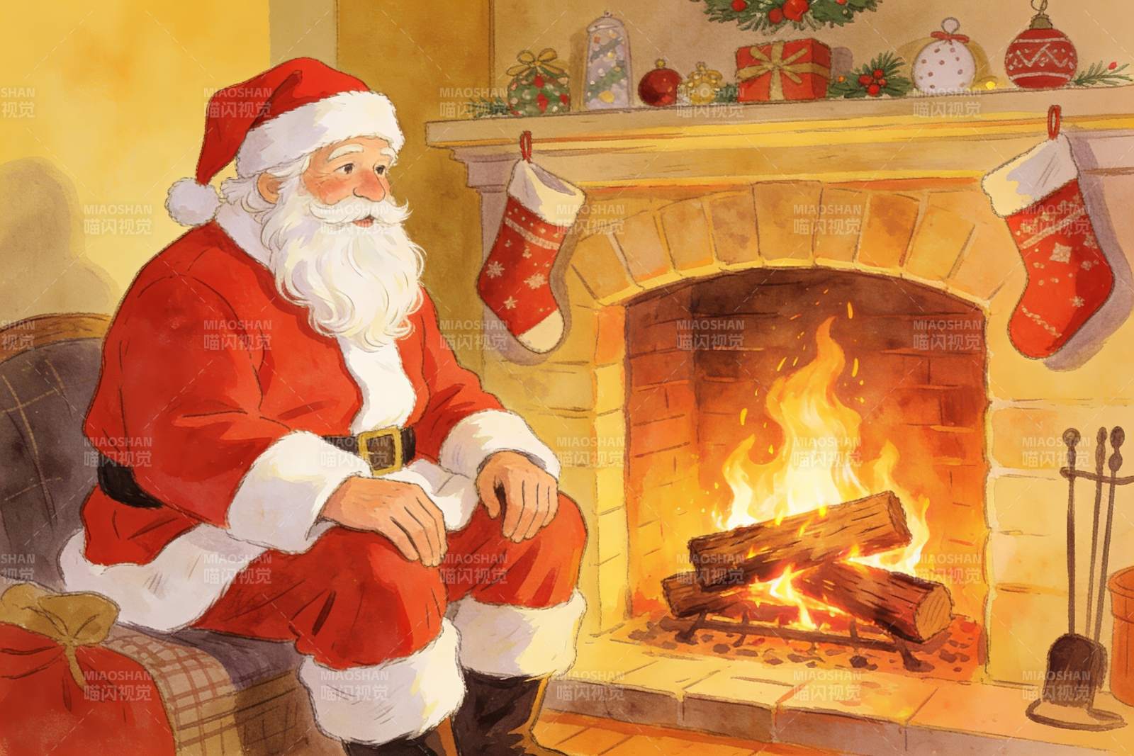 圣诞老人围炉静坐温馨节日场景图片