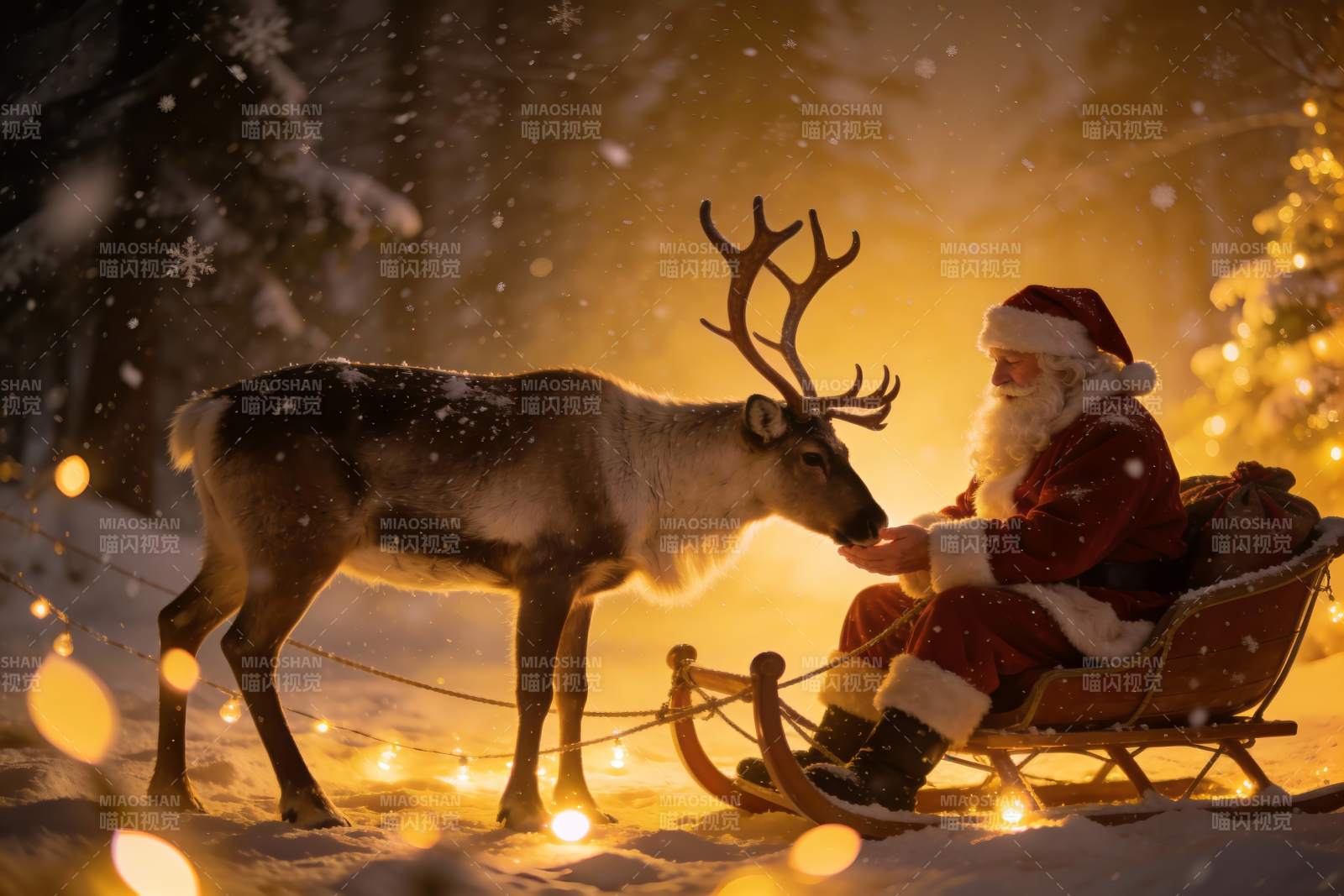 圣诞老人与驯鹿雪夜互动图片