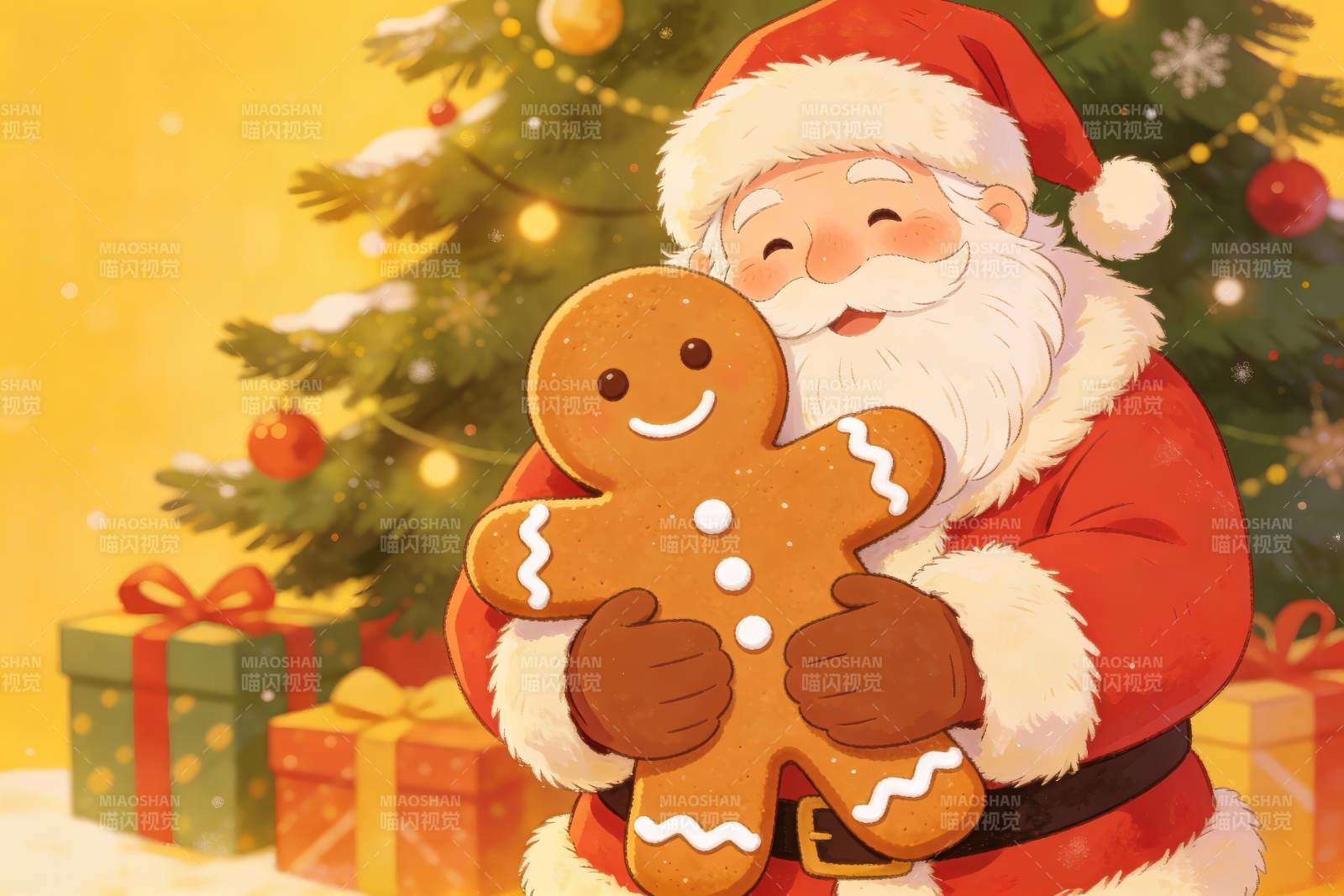 圣诞老人怀抱姜饼人庆祝节日图片