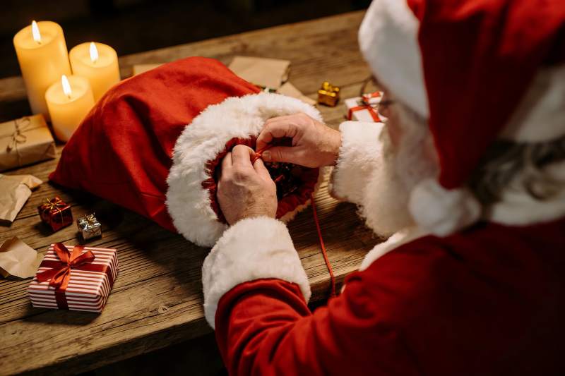 圣诞老人整理礼物袋准备派送图片