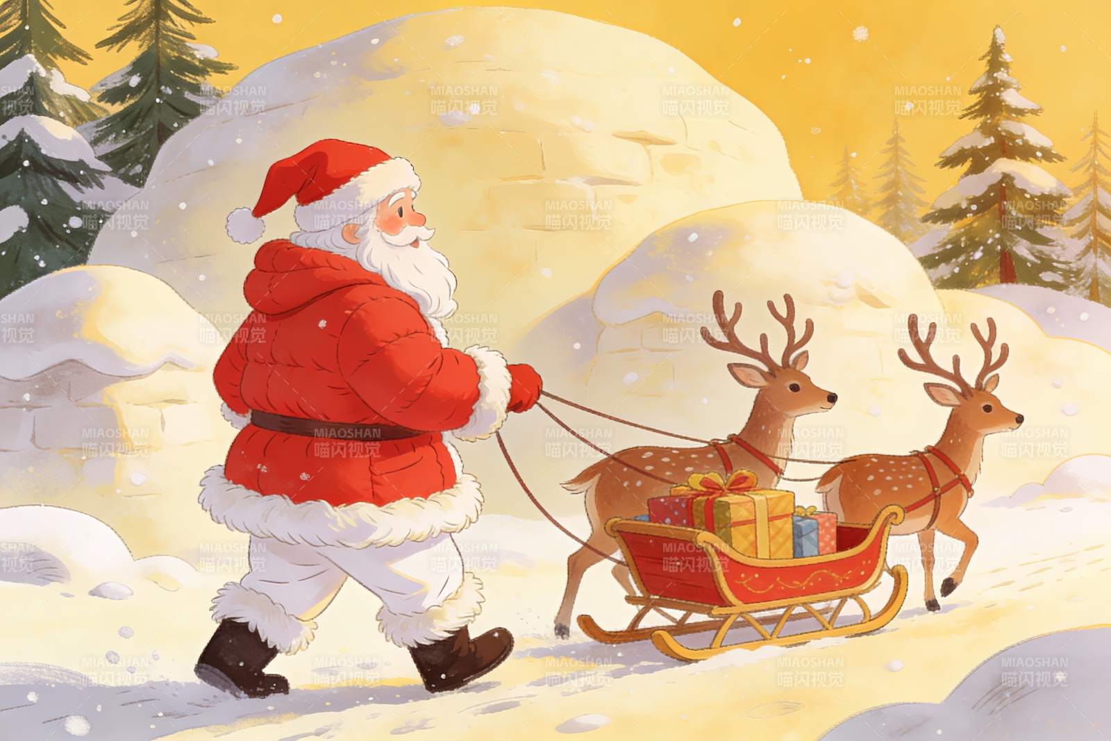 圣诞老人雪橇鹿雪景图片
