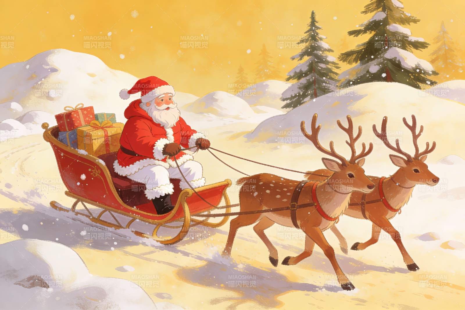 圣诞老人雪橇鹿拉礼物图片