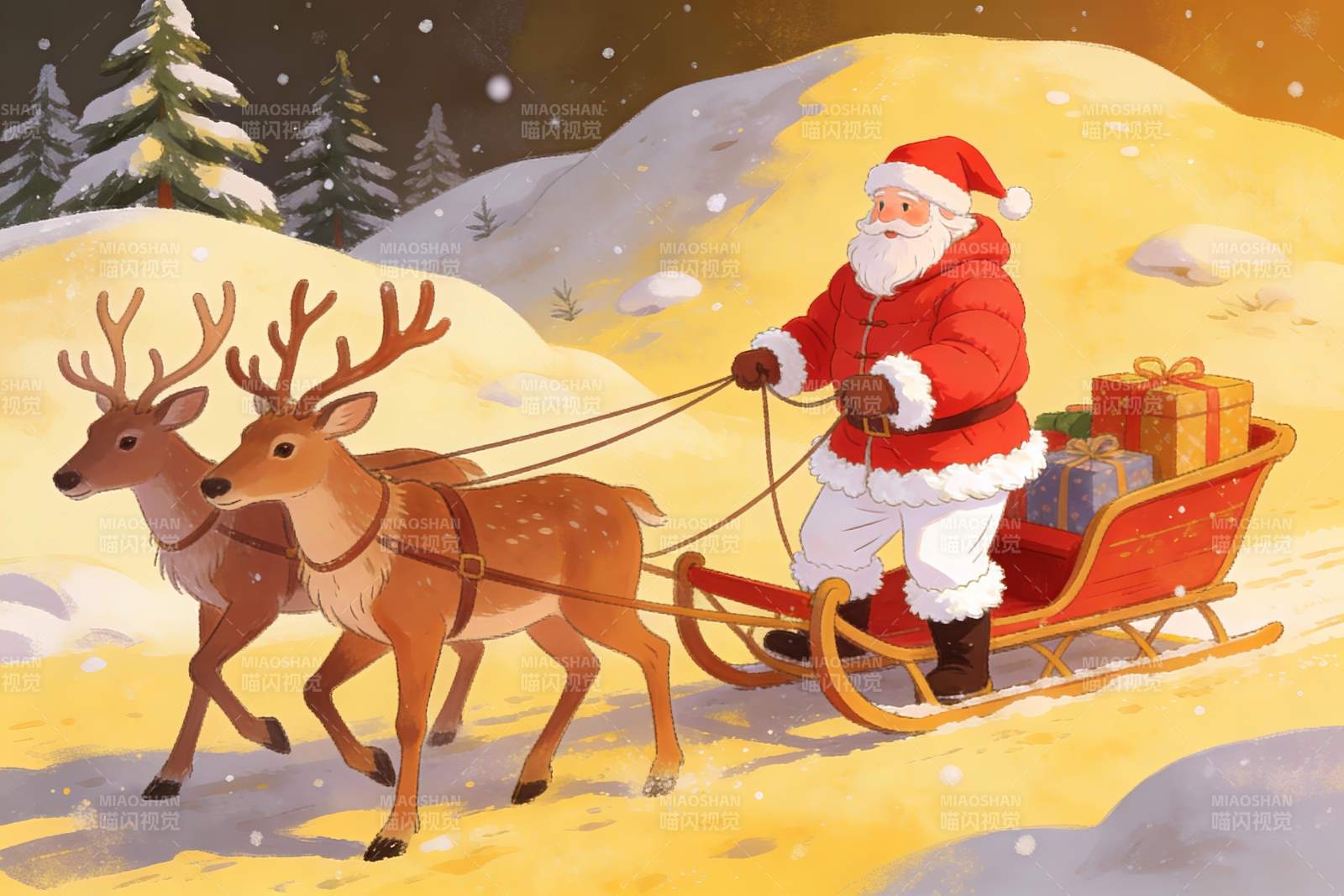 圣诞老人雪橇鹿拉礼物图片