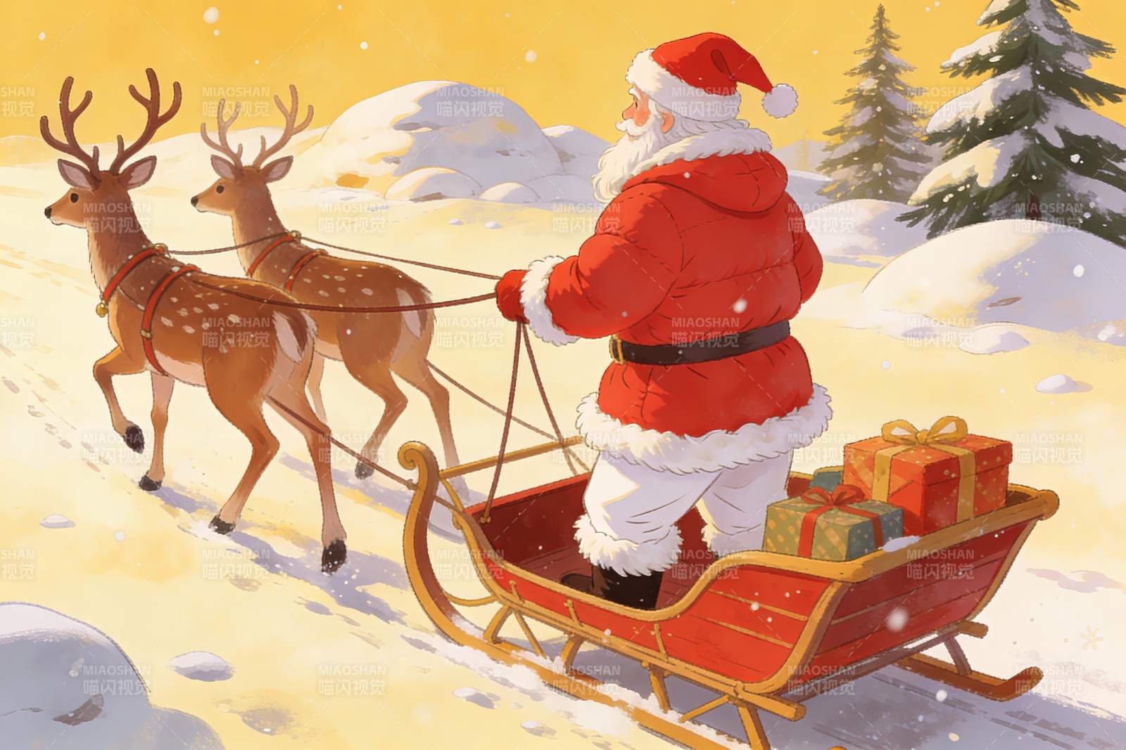 圣诞老人雪橇鹿拉礼物图片