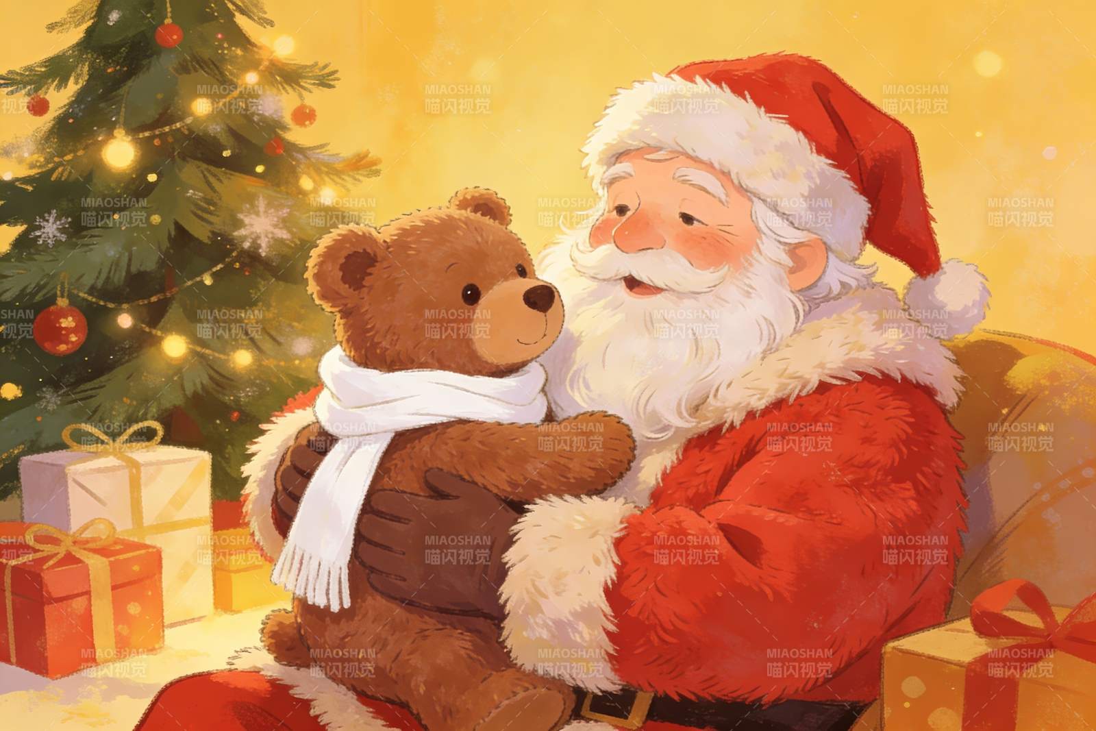 圣诞老人怀抱泰迪熊温馨场景图片