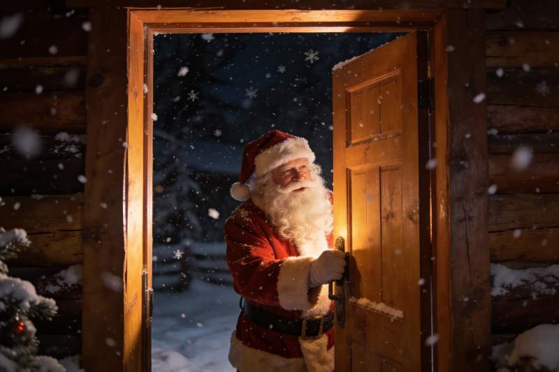 圣诞老人雪夜开门图片