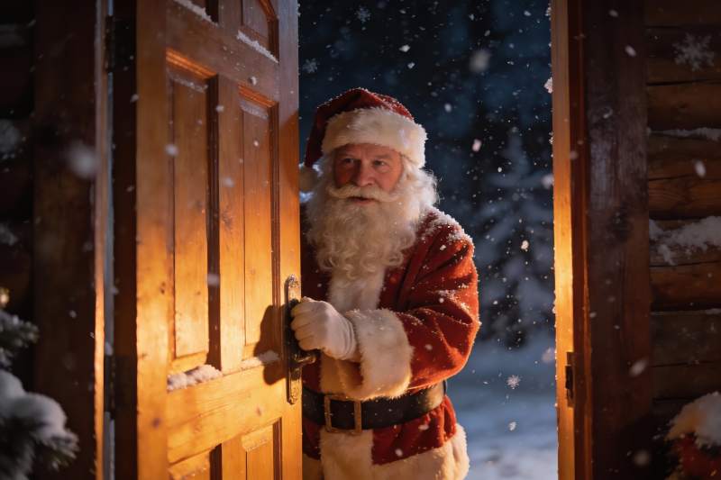 圣诞老人雪夜开门场景图片