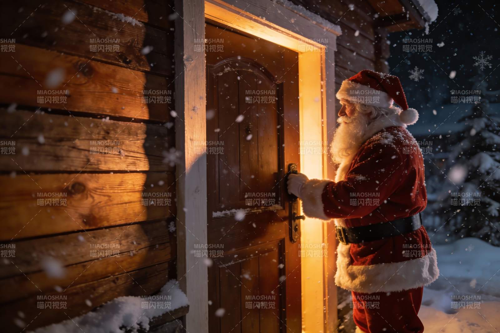 圣诞老人雪夜开门图片