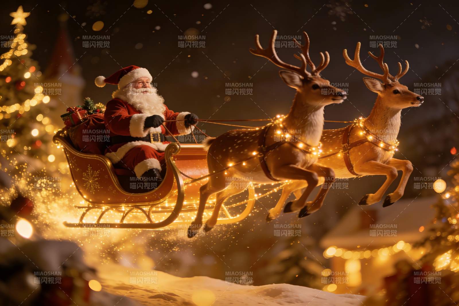 圣诞老人乘雪橇飞越雪夜图片