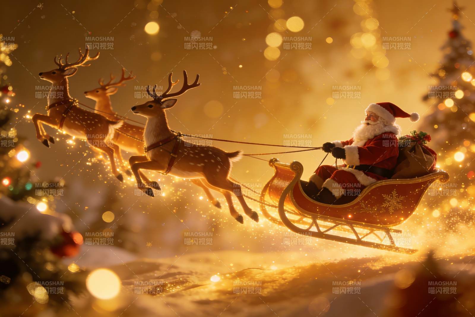 圣诞老人乘雪橇飞越夜空图片