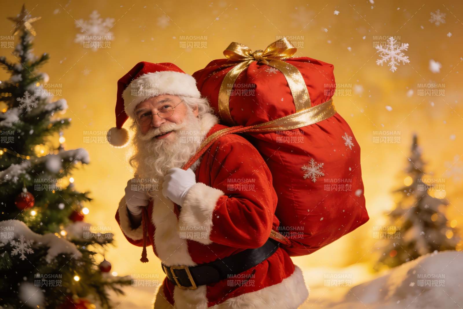 圣诞老人背礼物袋雪景照图片