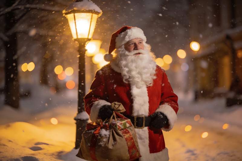 雪夜圣诞老人手提礼物袋图片