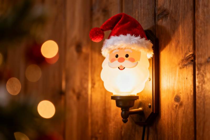 圣诞老人造型壁灯照亮木质墙面图片