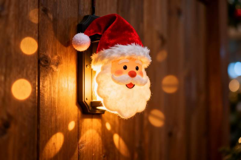 圣诞老人造型壁灯照亮木质墙面图片