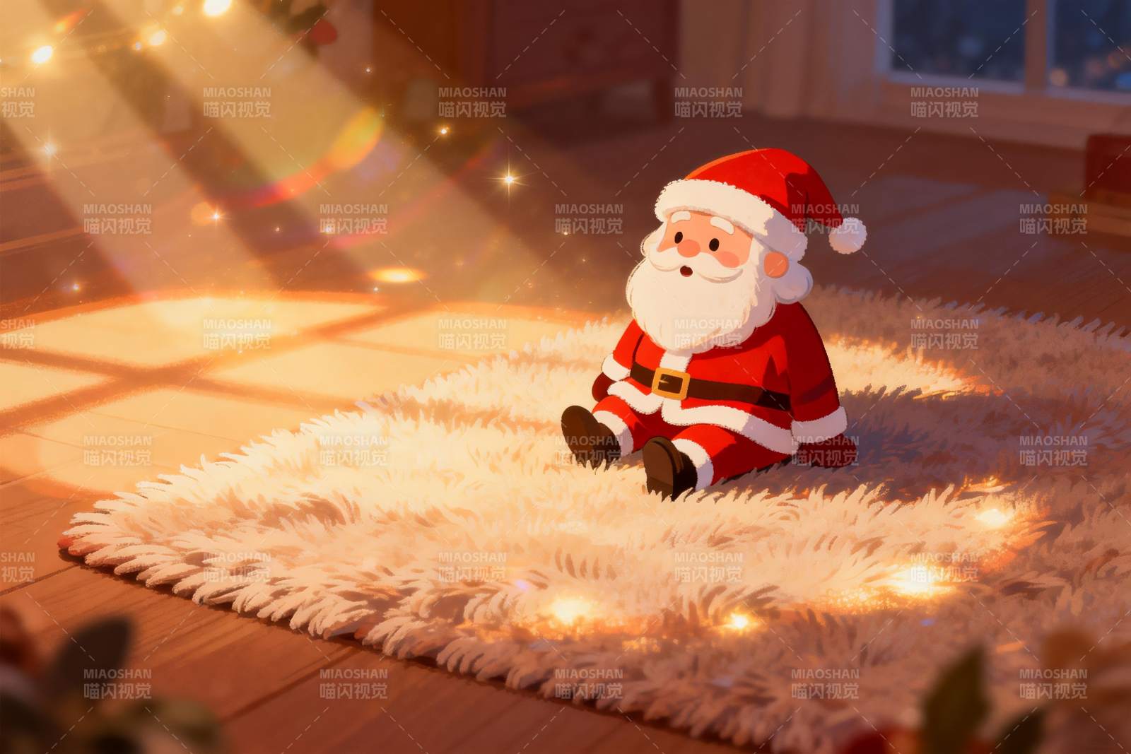 圣诞老人坐地毯上温馨场景图片