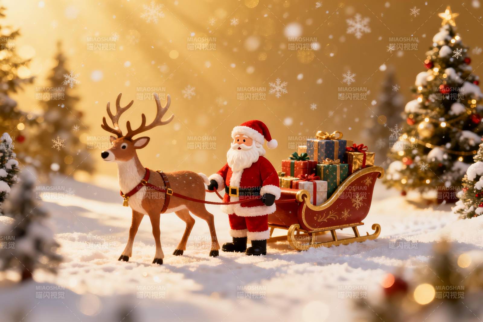 圣诞老人雪橇与驯鹿场景图片