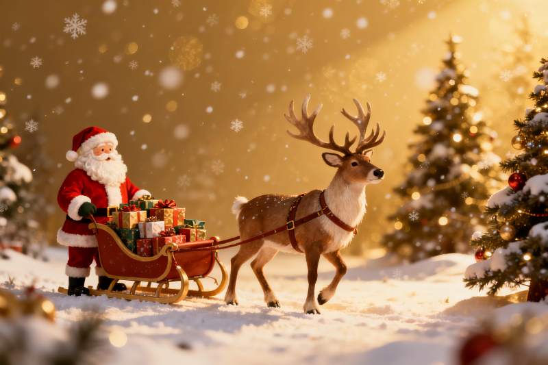 圣诞老人雪橇驯鹿雪景图片