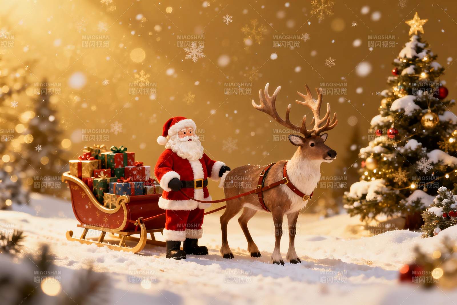 圣诞老人雪橇驯鹿雪景图片