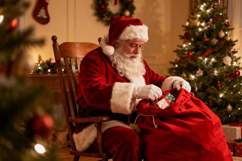 圣诞老人室内整理礼物袋图片