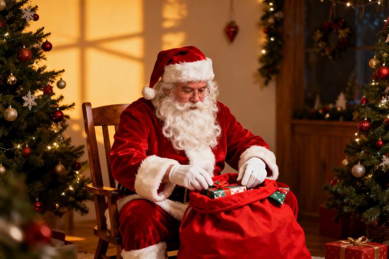 圣诞老人室内拆礼物图片
