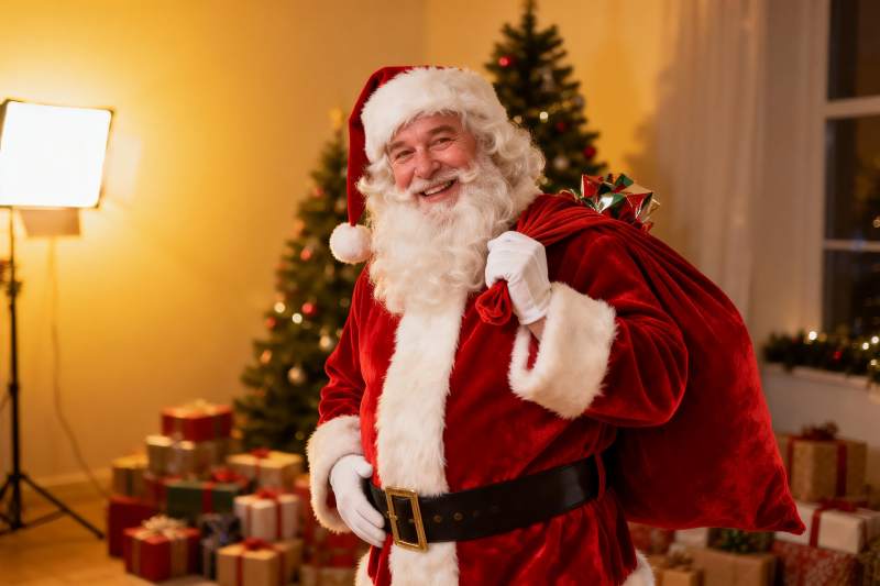 圣诞老人手持礼物袋室内场景图片