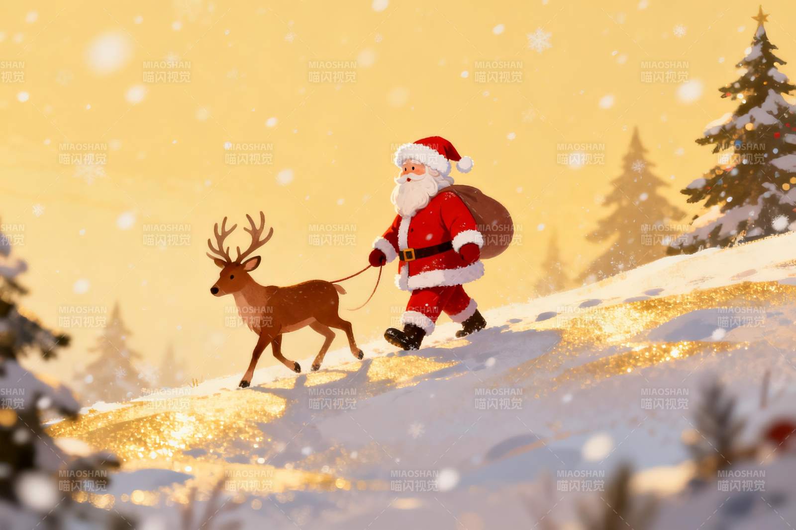 圣诞老人雪地牵鹿行走图片