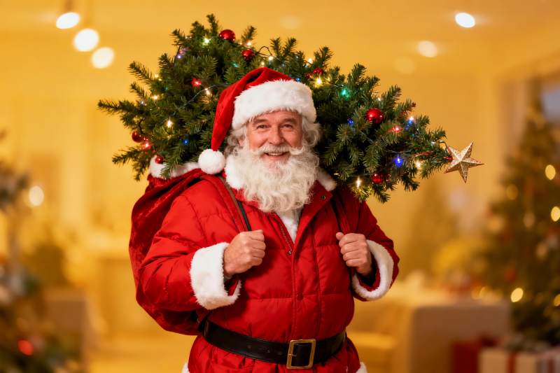 圣诞老人背树笑容满面图片