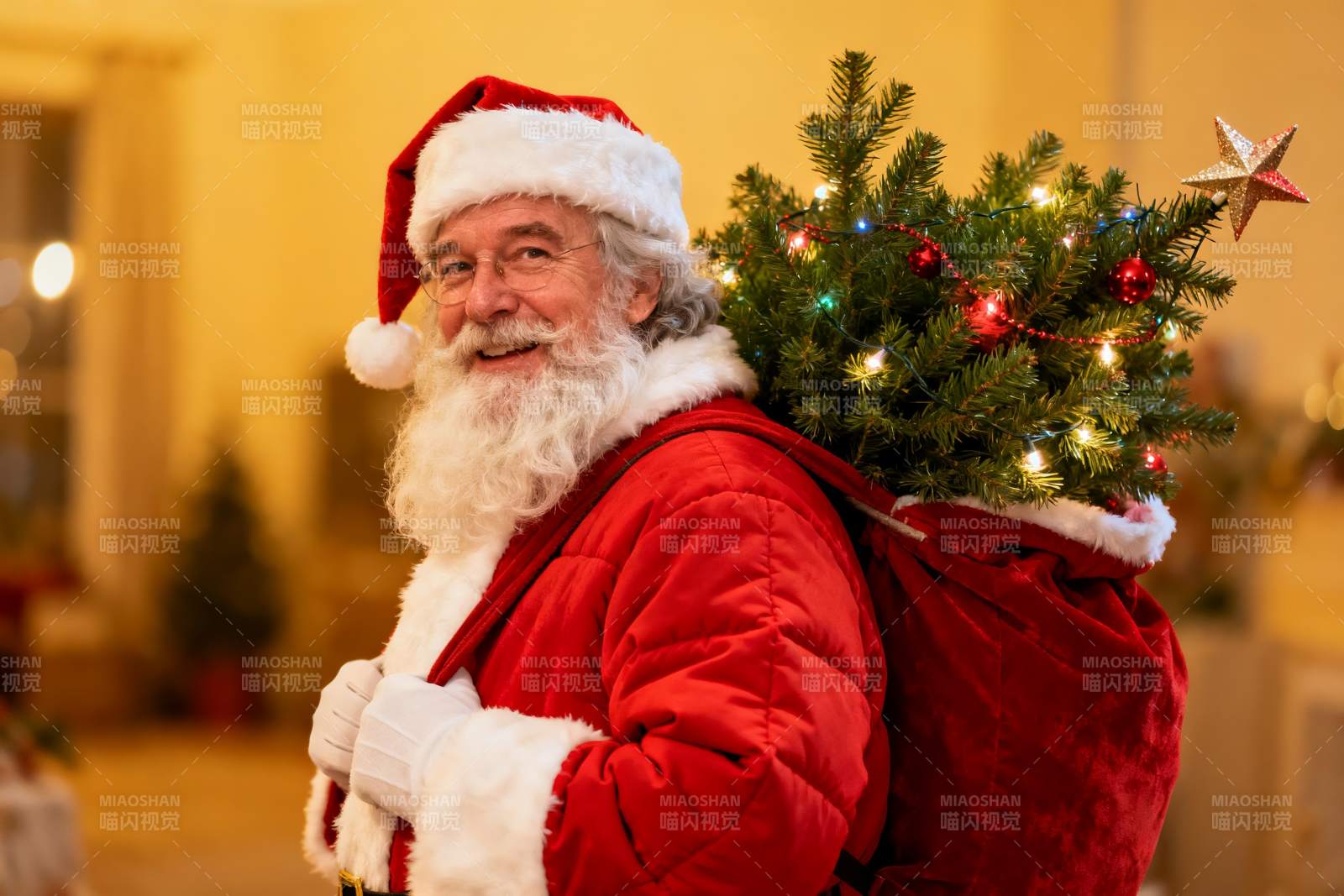 圣诞老人背树微笑图片