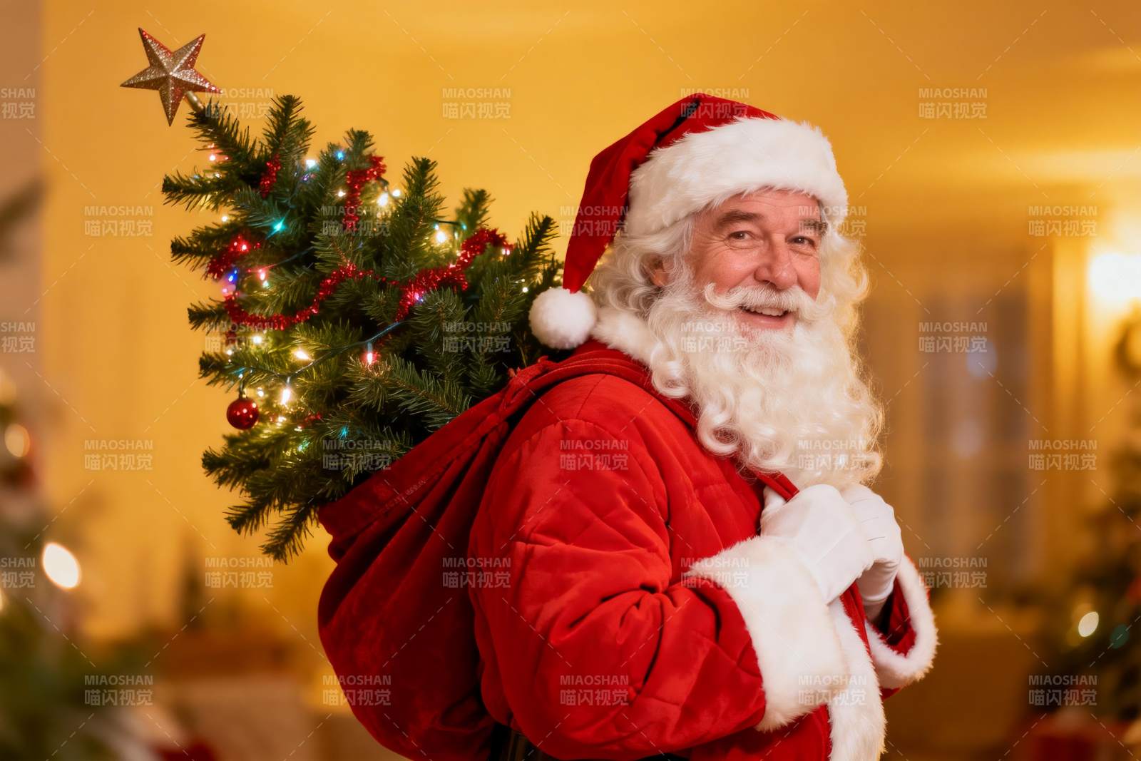 圣诞老人背树笑容满面图片