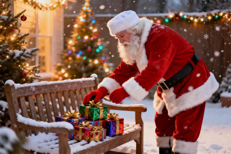 圣诞老人雪中摆放礼物图片