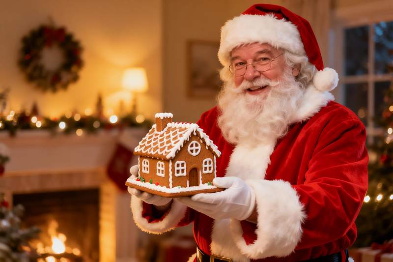 圣诞老人手持姜饼屋庆祝节日图片