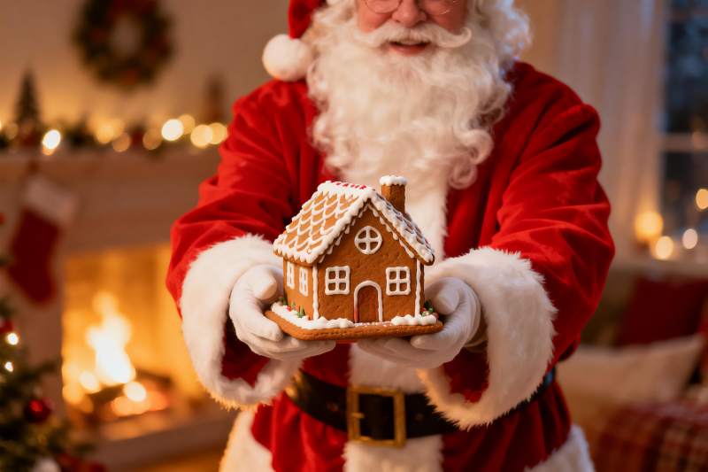 圣诞老人手持姜饼小屋庆祝节日图片