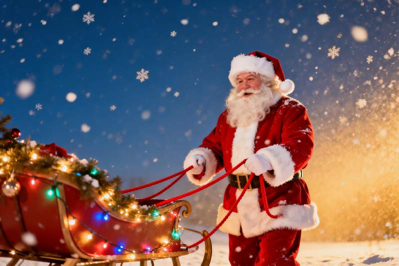 圣诞老人雪夜拉雪橇图片