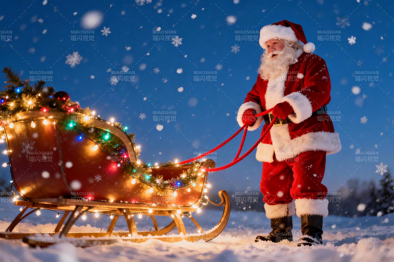圣诞老人雪地拉雪橇图片