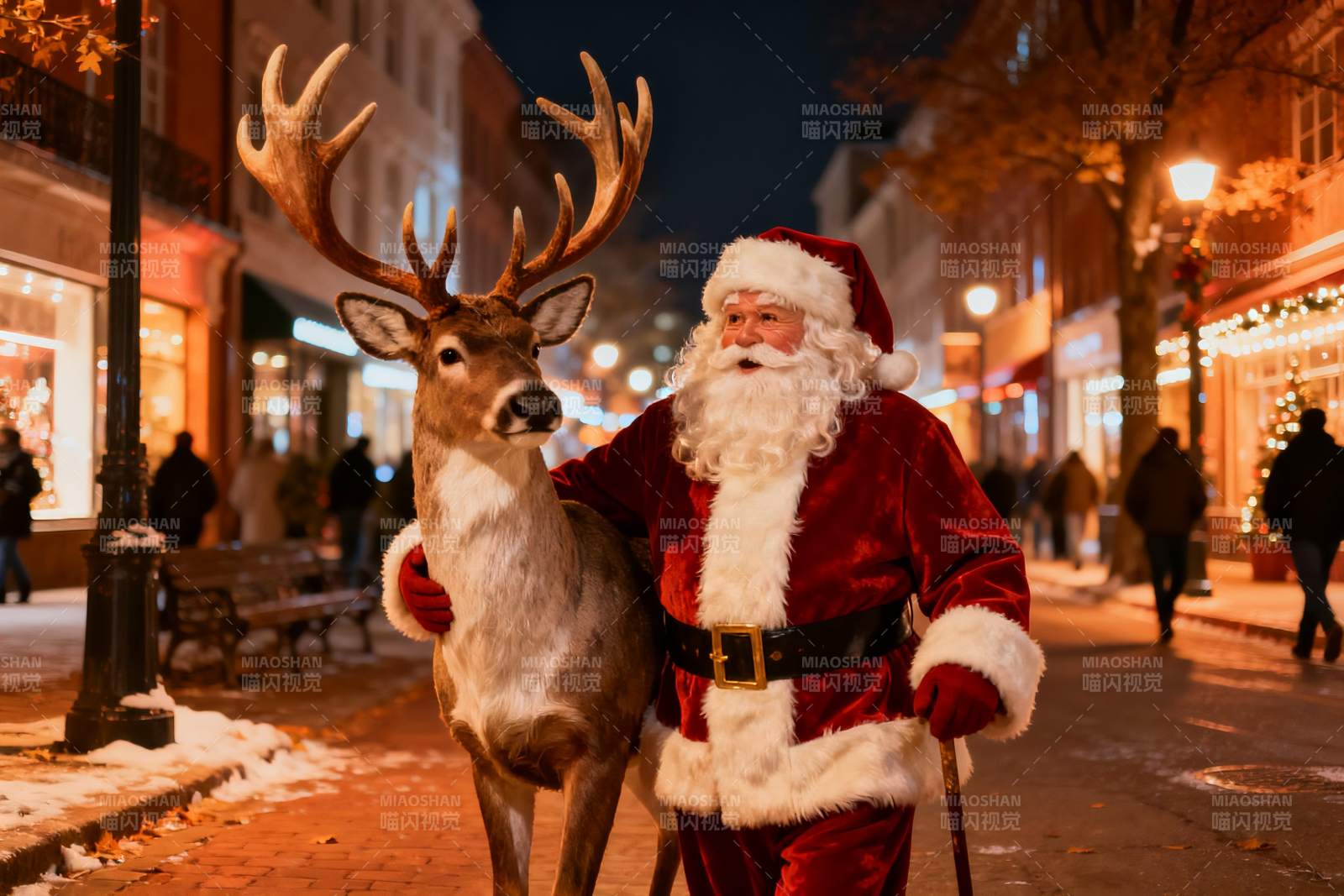 圣诞老人与驯鹿街头漫步图片