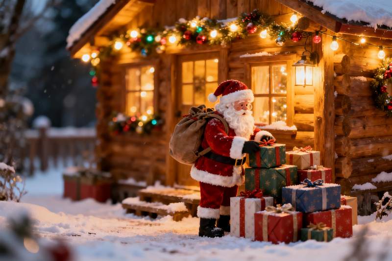 雪夜木屋圣诞老人送礼图片