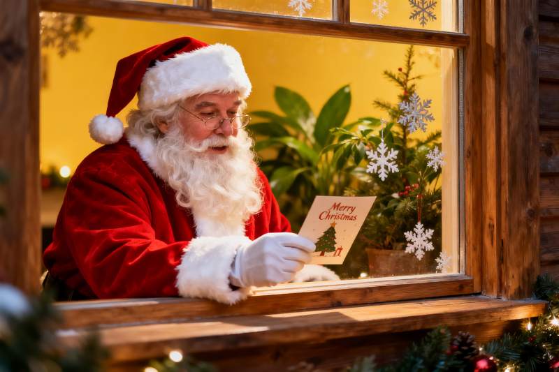 圣诞老人窗边阅读贺卡图片