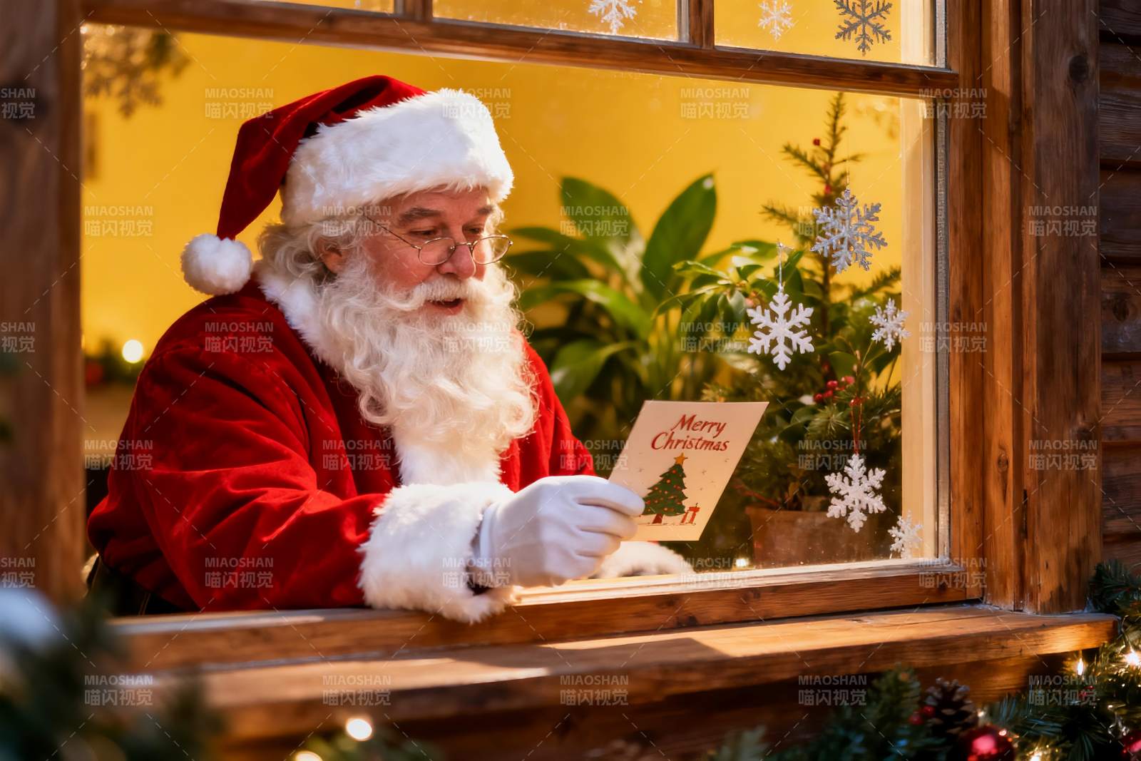 圣诞老人窗边阅读贺卡图片