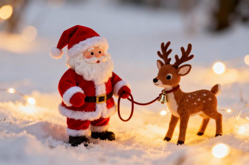 圣诞老人牵驯鹿雪景摆件图片