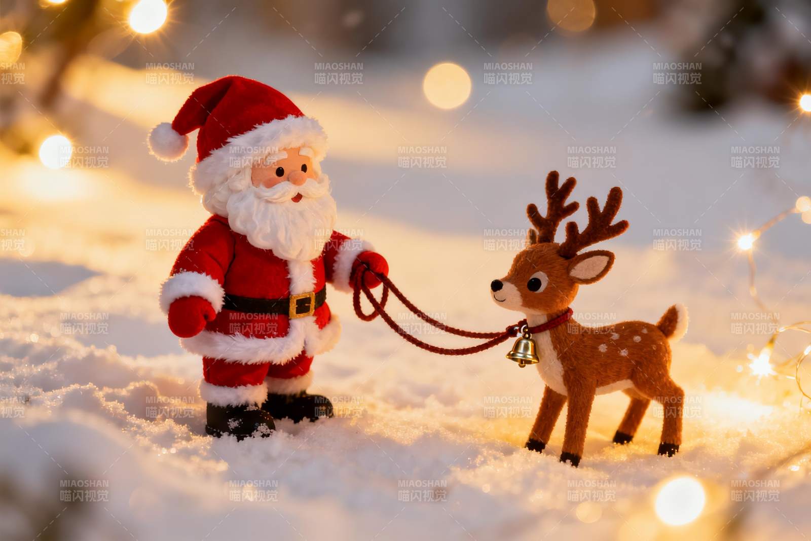圣诞老人与驯鹿雪地合影图片