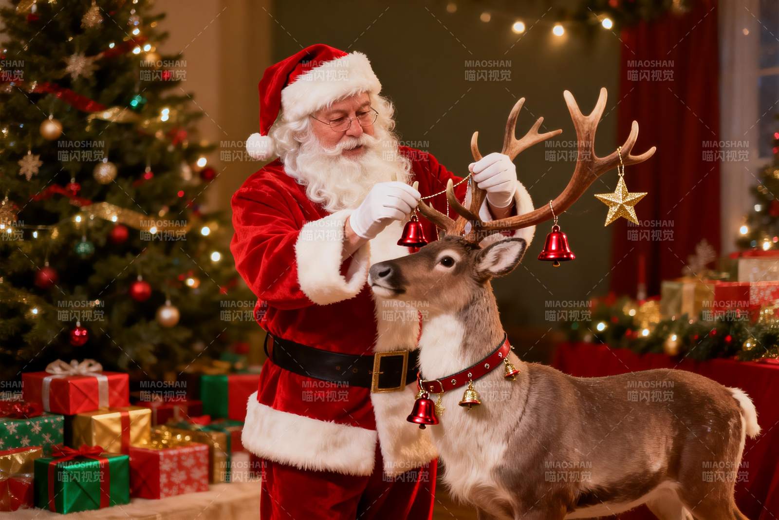圣诞老人装饰驯鹿场景图片