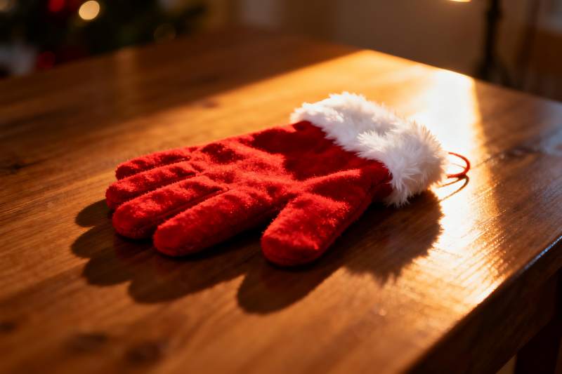 圣诞手套置于木质桌面图片