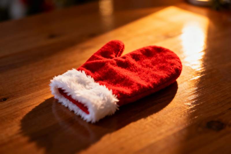 红色毛绒手套置于木质桌面图片