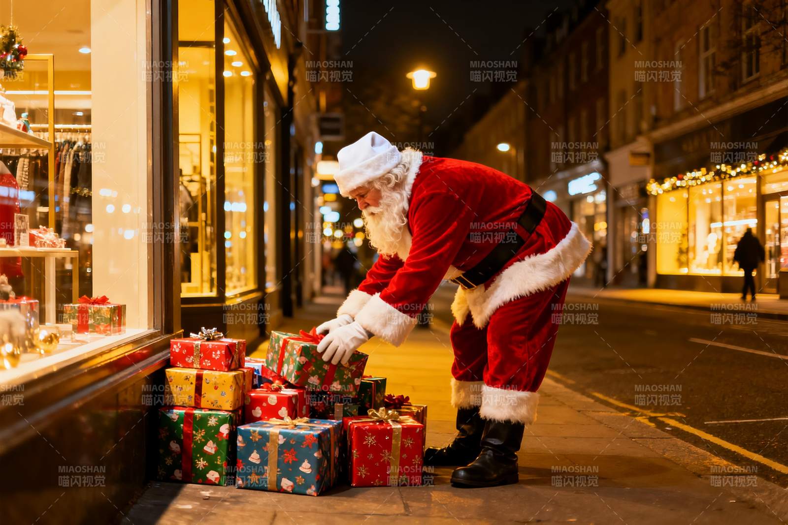 圣诞老人街边整理礼物盒图片