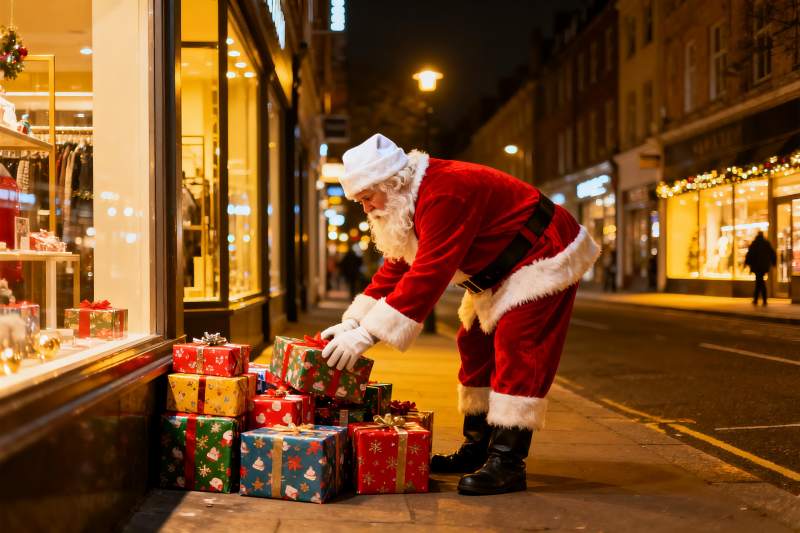 圣诞老人街边整理礼物盒图片