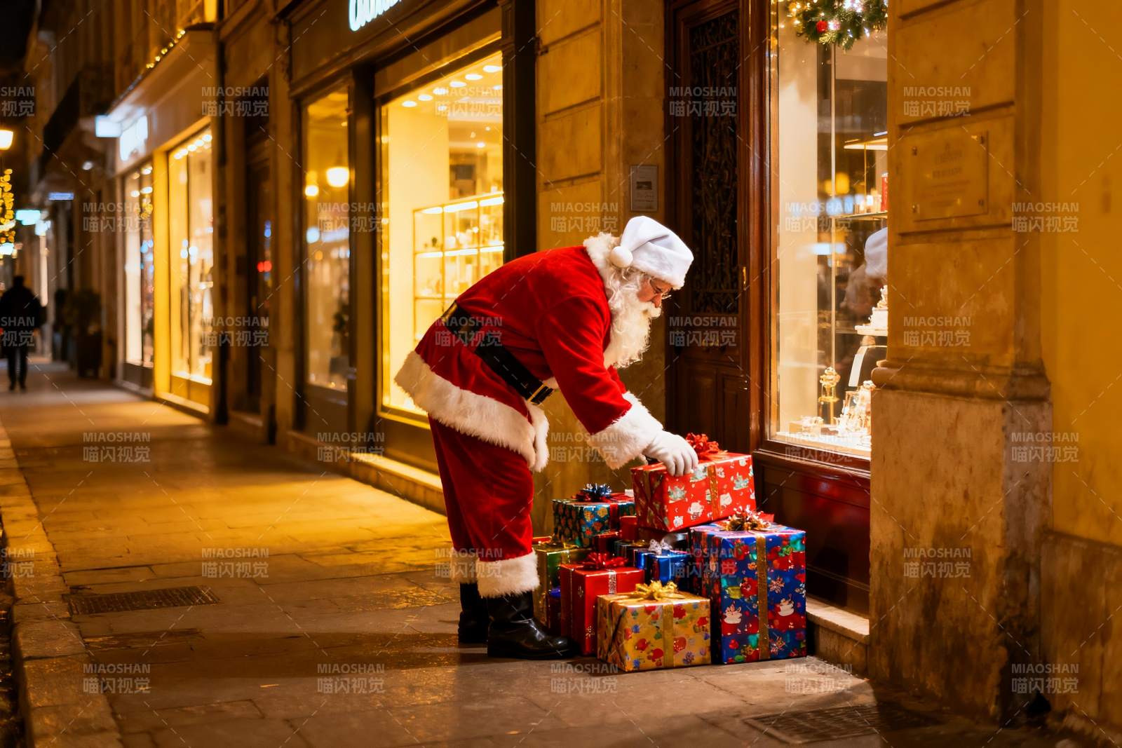 圣诞老人夜街摆放礼物盒图片