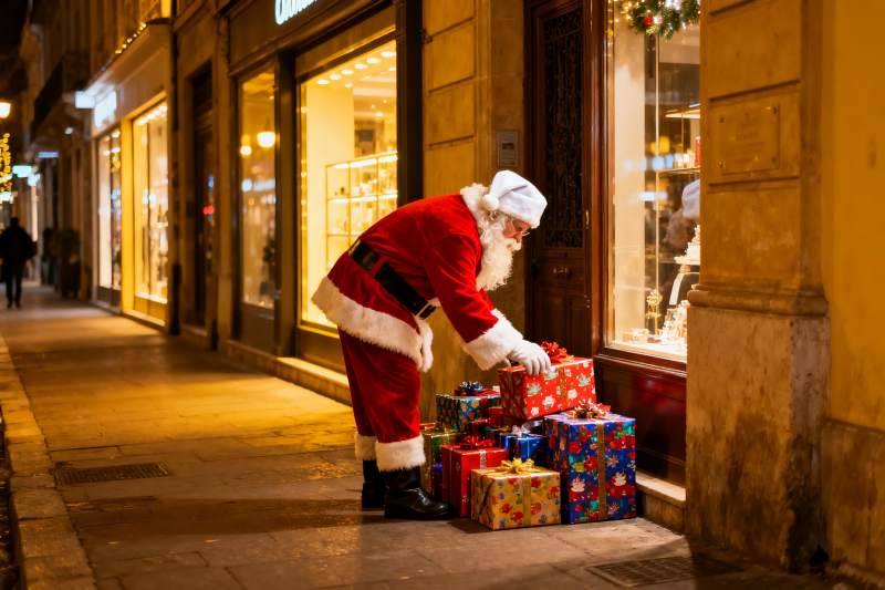 圣诞老人夜街摆放礼物盒图片